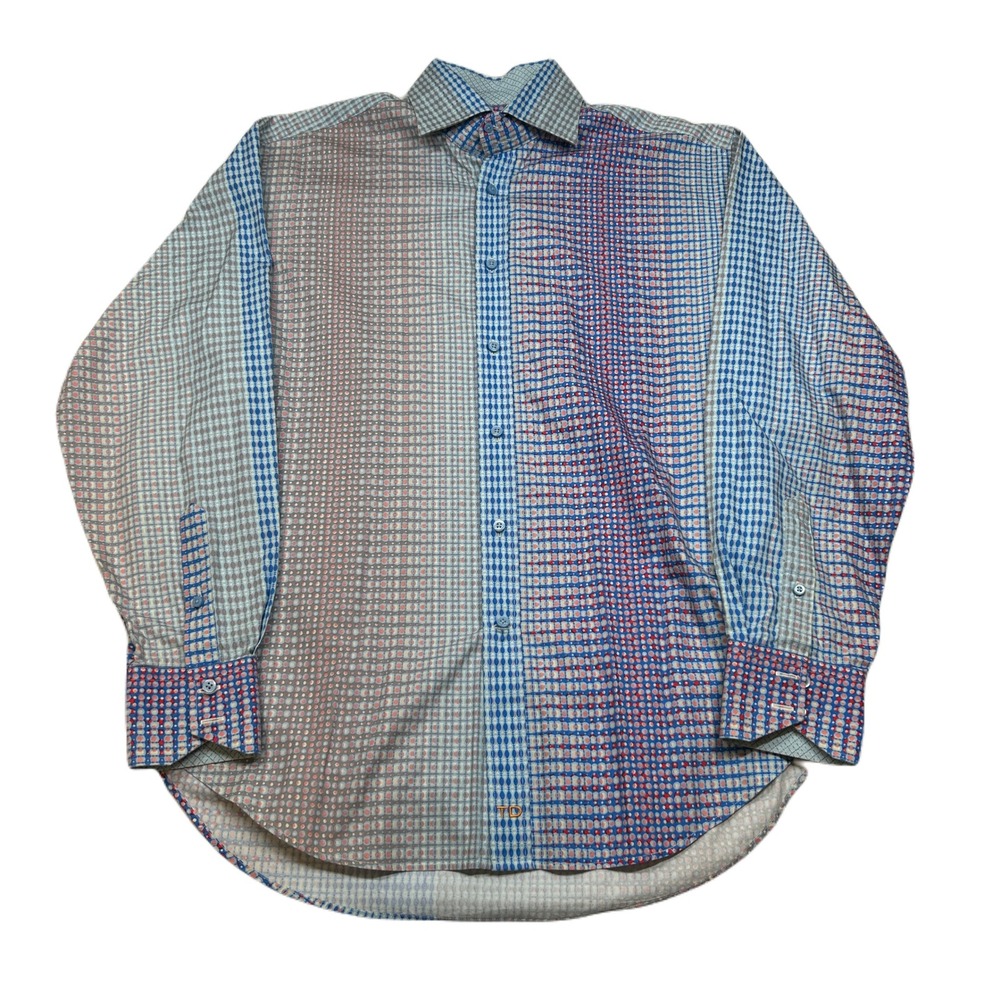 Thomas Dean Patterned Shirt Mens‎ Medium Blue Multi Long Sleeve Button Down